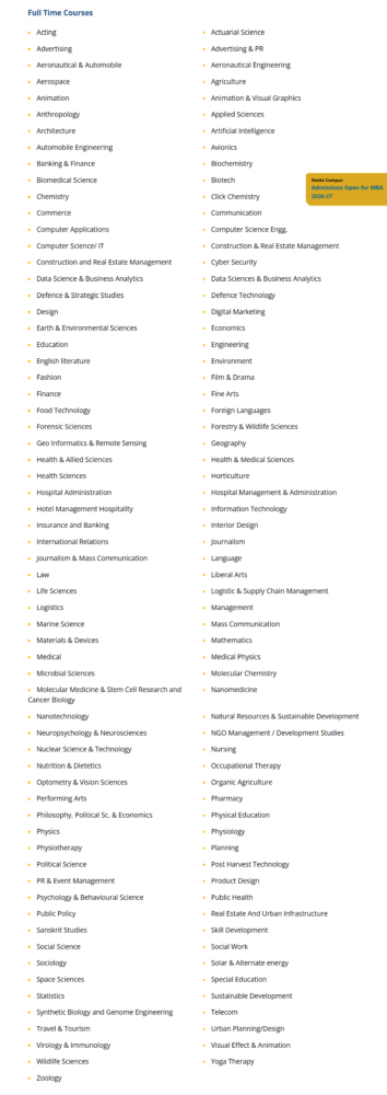 Amity University Course list